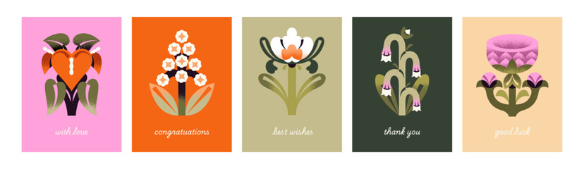 Modern festive postcards with flowers set. Designs of greeting cards with abstract wildflowers on layouts. Colourful templates with blooming meadow plants with leaves. Flat vector illustrations © Paper Trident