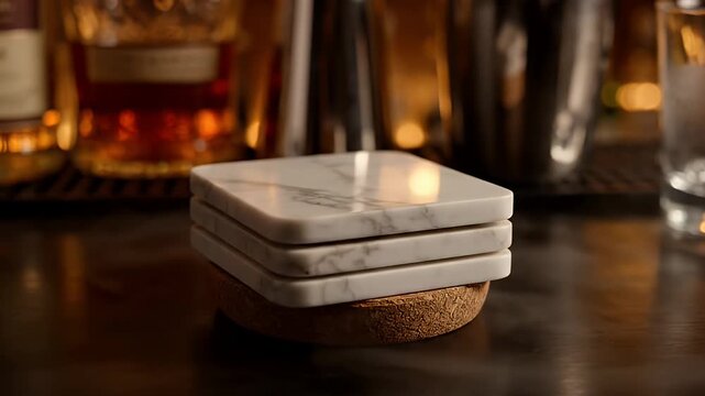 Stack of marble and cork coasters on a dark elegant bar counter