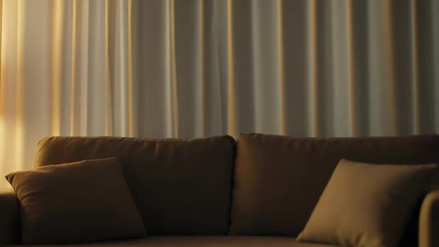 Comfortable sofa, illuminated by a warm standing floor lamp, creates a relaxing atmosphere in a modern home living room with two smart speakers on a side table