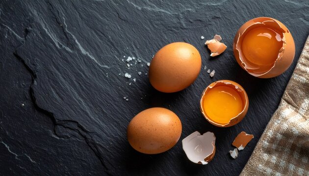 Fresh brown eggs and raw yolks on slate background
