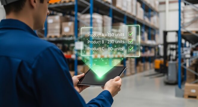 An industrial worker in a blue uniform and hard hat stands in a vast, well-stocked warehouse, holding a tablet that projects a glowing green holographic inventory list displaying product names