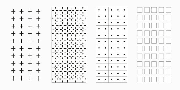 Abstract patterns of plus signs and dots arranged in rectangular grids