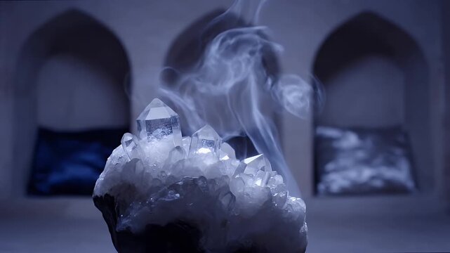 Glowing Quartz Crystal Cluster with Rising Smoke and Blue Light