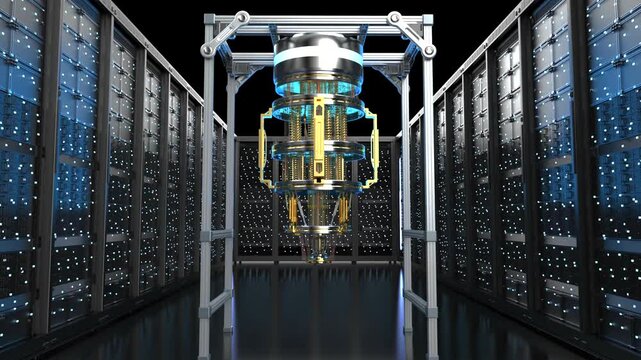 3d rendering quantum server network with quantum computer machine in server room 4k footage
