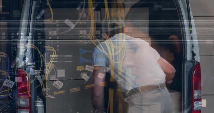 Animation of caucasian woman in server room over male deliverer with boxes
