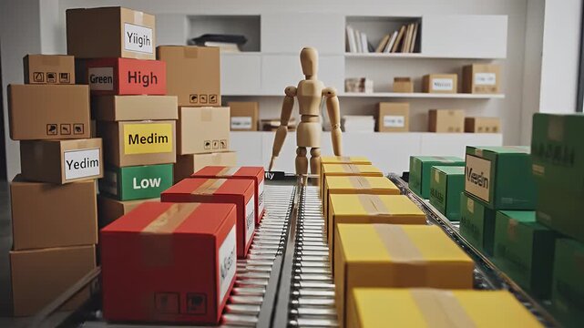 Automated Package Sorting with Mannequin - A wooden mannequin stands overseeing a conveyor belt carrying different colored packages, with more boxes of varying sizes and labels stacked in the