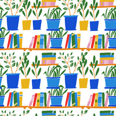 Seamless flat vector pattern with bookshelves and potted plants. Modern hand drawn illustration for home decor, textile design, wallpapers, stationery, and lifestyle projects. © veri13