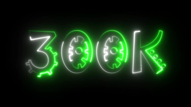 300K celebration effect motion video Glowing neon text icon animation on black background.  300k followers, like, comment, Celebration text animation.