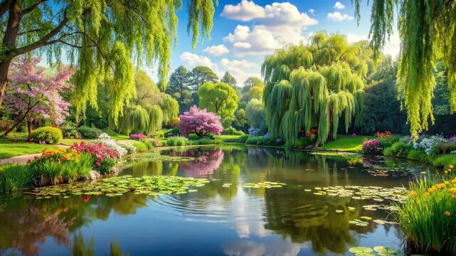 Lush garden with weeping willows and colorful flowers reflecting in a tranquil pond.