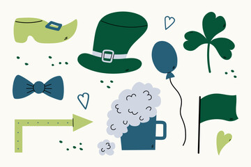 Fototapeta premium St Patrick's Day design elements set. Vector illustration in cartoon style on isolated background. Festive banner for March 17th. Hand drawn clover leaf, shamrock, flag, balloon, shoe, beer mug, hat