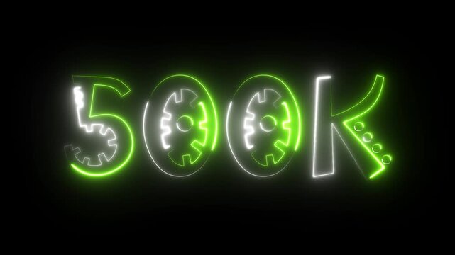 500K celebration effect motion video Glowing neon text icon animation on black background.  500k followers, like, comment, Celebration text animation.