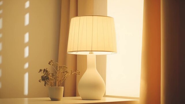 Room interior with a table lamp illuminating a warm light on the bedside table, creating a peaceful and serene atmosphere with sunlight filtering through blinds and curtains