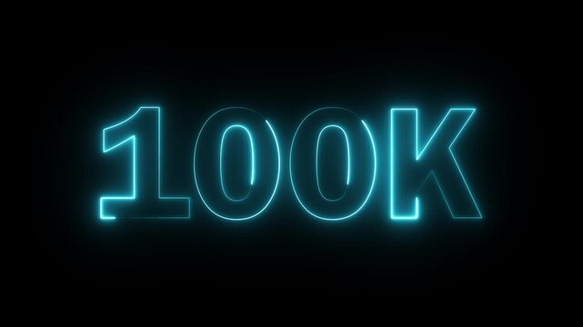 100K celebration effect motion video Glowing neon text icon animation on black background.  100k followers, like, comment, Celebration text animation.