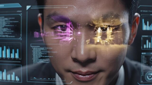 Man Using Futuristic Technology Interface - Close up of a man's face as he looks at a futuristic holographic interface. The interface displays data charts and graphs.