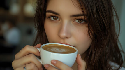 Close up girl is drinking coffee. She enjoys her morning cappuccino or flat white.
