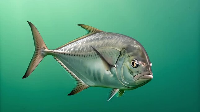 A clown giant trevally with metallic silver scales, On green background