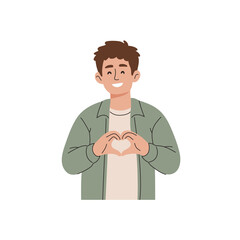 Obraz premium Young man making a heart shape with his hands, flat vector illustration isolated on white background.