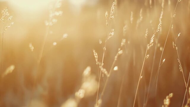 Dry grass panicles blowing gently in a warm meadow, bathed in the soft, golden light of a late afternoon sun creating a peaceful and serene natural background