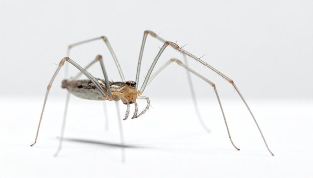 Close-up of a daddy long-legs spider on a white background.