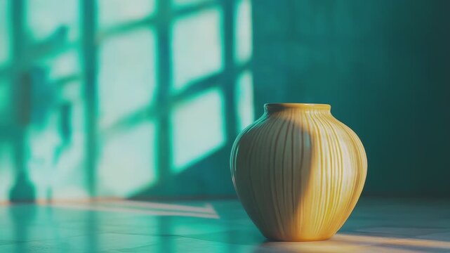 Yellow minimalist vase catching warm sunlight on a reflective surface, casting intricate window shadows creating a serene and modern interior atmosphere