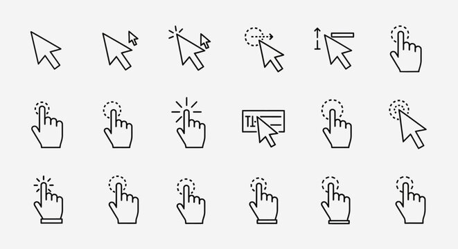 Diverse collection of cursor and hand icons symbolizing computer interaction and selection