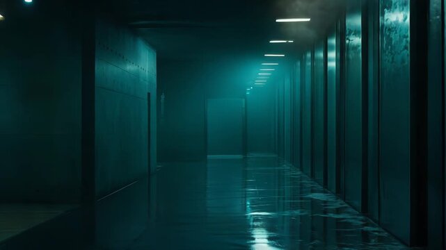 Gloomy hallway with fluorescent lights illuminating a wet, reflective floor, creating a stark, eerie atmosphere perfect for themes of isolation, danger, suspense, and unknown futures