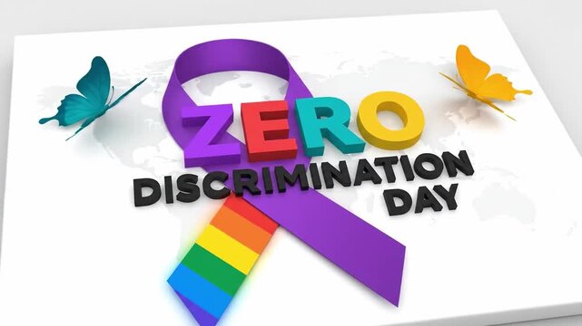 A white card with a purple ribbon and colorful text reading 'Zero Discrimination Day' surrounded by rainbow and butterfly graphics on a clean white background.