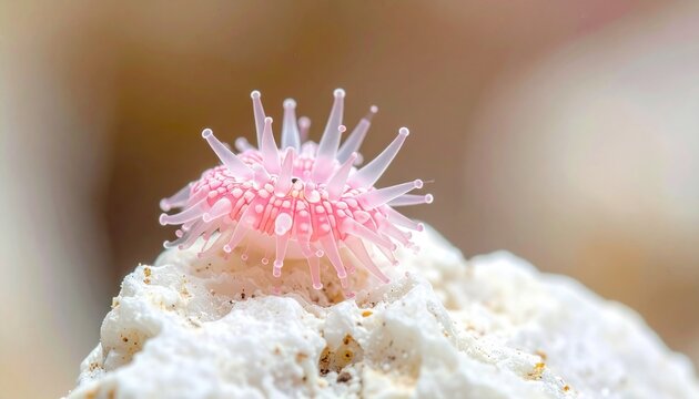 Close-up of a pink sea slug on coral.