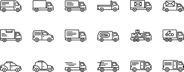 Collection of outline icons illustrating different types of trucks and vans for express and eco-friendly delivery services. © graphicsobai