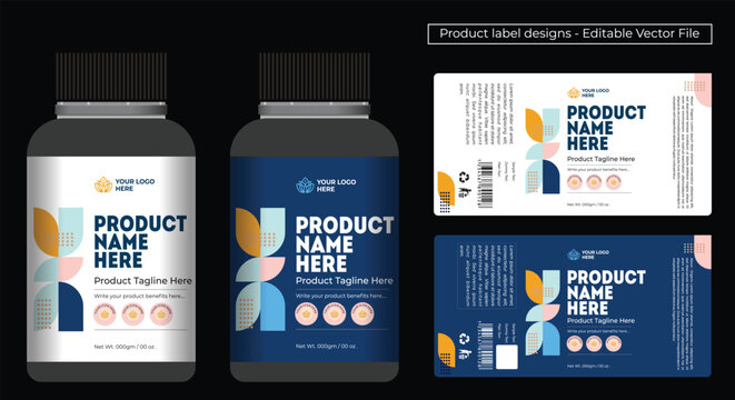 Product label design template, best for jar cosmetic pharma product, multivitamin supplement bottle label design, editable vector file high quality dieline print ready file.