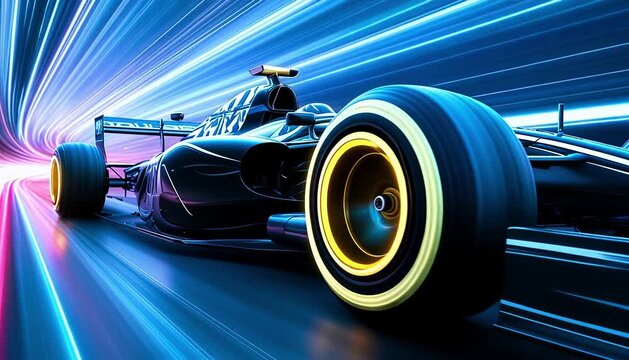 high-speed formula one racing car in a futuristic neon light tunnel