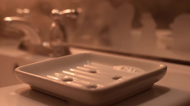 Empty Ceramic Soap Dish on Sink in Steamy Warm Bathroom