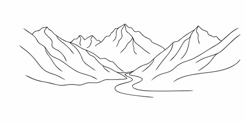 Simple line drawing of mountains and a winding river valley © Ruhidas