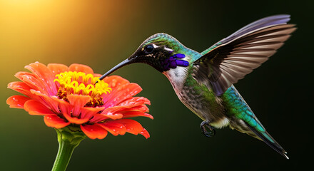 Obraz premium vibrant hummingbird feeding on a bright flower, showcasing its colorful feathers