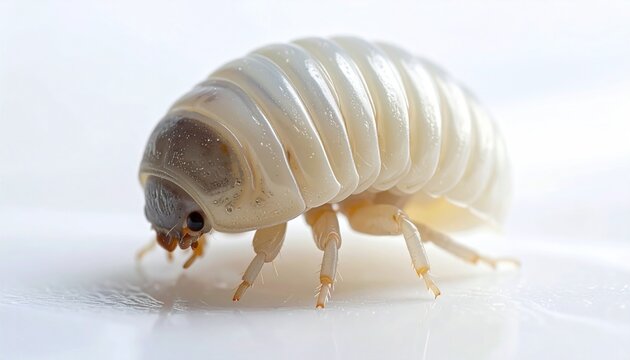 Close-up of a white pill bug on a clean white background.