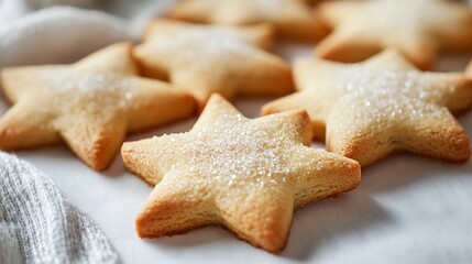 A plate of star-shaped cookies dusted with powdered sugar on a white surface