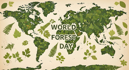 A Globe Mosaic Created from Hundreds of Real Pressed Leaves and Ferns in Various Green Hues, with "World Forest Day" Inlaid Using Darker Fern Species, on a Solid Antique Parchment Background.
