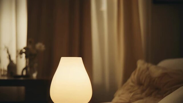 Aromatic essential oil diffuser lamp illuminating a cozy living room space, providing calming warmth and a tranquil atmosphere for relaxation and wellbeing