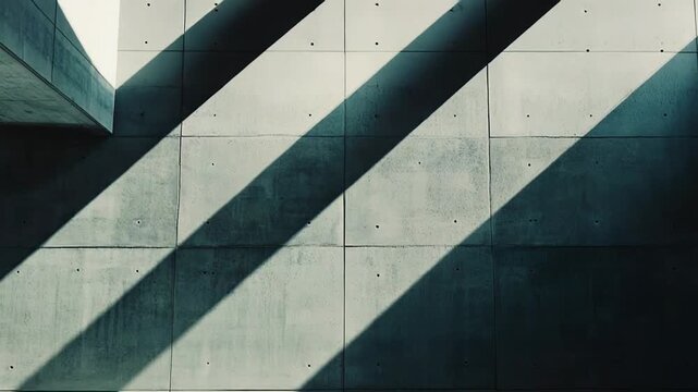 Modern concrete interior with raw textured wall and floor lit by sharp diagonal sunlight, casting bold shadow patterns for a minimalist, brutalist architectural background