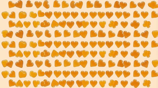 Top-down pattern of charming stylized gingerbread hearts with icing on a warm creamy beige background with a slight bounce concept of cozy festive baking and sweet tradition