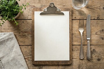 Blank paper on a rustic wooden clipboard, with cutlery, a plant, and napkin on a wood table. Menu template for a restaurant or cafe.