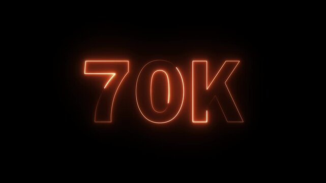 70K celebration effect motion video Glowing neon text icon animation on black background.  70k followers, like, comment, Celebration text animation.