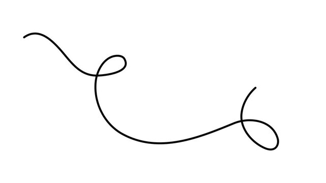 Wavy scribbly stroke one line art animation, hand drawn scribbly curly dividing element continuous drawing contour motion. Twiddle swirl separator curve strip with volutes and tendril outline video. 4