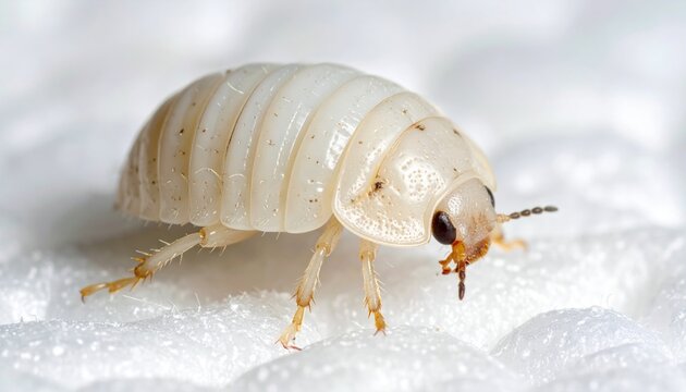 Close-up of white pillbug insect.