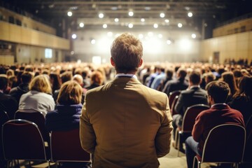 Speaker on stage addressing a large audience during a business seminar or event