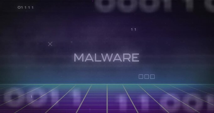 Animation of malware text with computer circuit board and data processing on black background