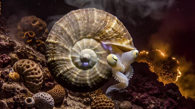 Strange Nautiluslike Sea Creature on a Mysterious Coral Reef