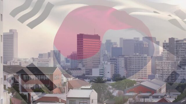 South Korean flag animation overlaying urban cityscape with modern buildings