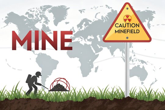 Conceptual illustration depicting a deminer searching for dangerous explosive ordnance near a prominent caution minefield warning sign against a global map background symbolizing worldwide danger.