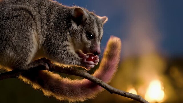 Nocturnal possum eating a red berry on a branch illuminated by firelight